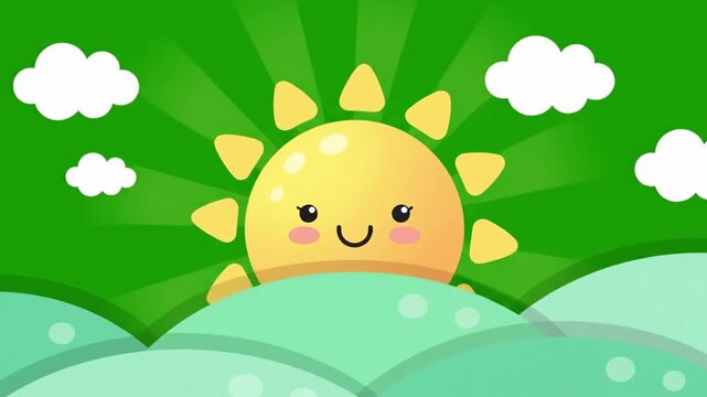 Cute Cartoon Sun Rising Over Green Hills With Clouds.