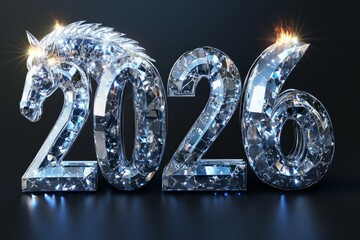 New year 2026 banner with shiny diamond crystals silver numbers with glass horse head