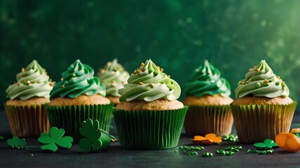 Decorated cupcakes on green background - St. Patrick's Day 