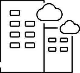 City skyline outline icon featuring high rise buildings and clouds