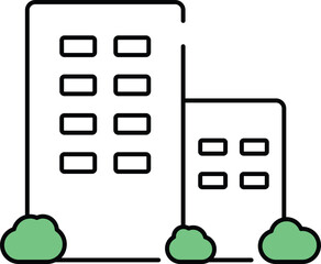 Colorful flat icon of apartment buildings with green bushes