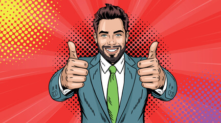 A beautiful, stylish business man shows that everything is fine in a pop art style.