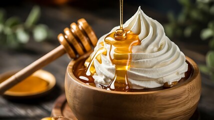 Close up of whipped cream with honey in a wooden bowl and honey dipper
