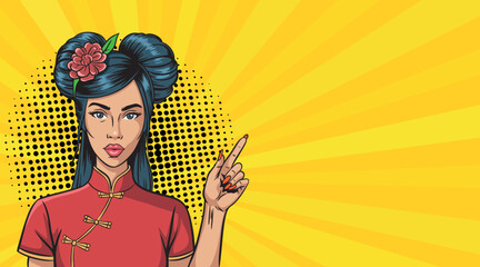 A beautiful girl in an oriental costume in pop art style