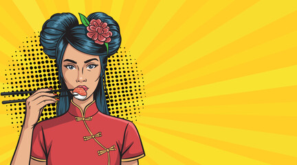 A girl in oriental costume advertises sushi in pop art style.