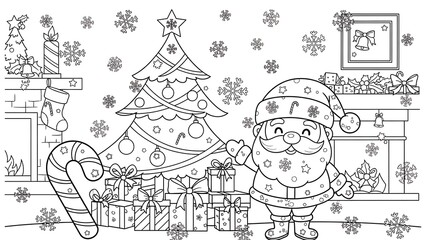 Festive Christmas Coloring Page with Santa and Tree.