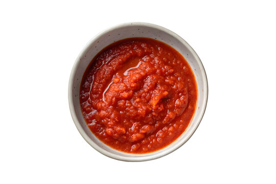Round bowl of tomato sauce top view isolated PNG for culinary and recipe concepts. Arrabbiata sauce in a wooden bowl..
