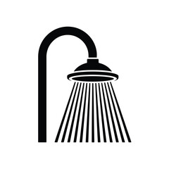 Simple black and white illustration of a shower head with water droplets