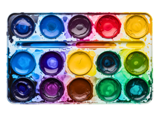 Colorful used watercolor paint set in white plastic tray on a transparent background