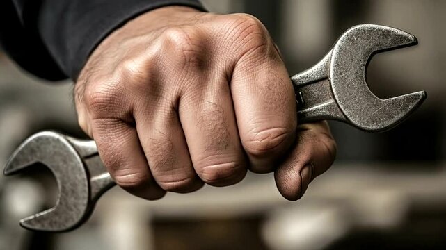 Close-up of a hand gripping a wrench in a workshop