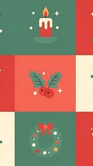 Festive Christmas Icons - Candle, Berries, and Wreath in a Grid.