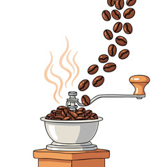 A delightful illustration depicting roasted coffee beans cascading into a vintage hand grinder with aromatic steam rising for beverage concepts