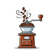 Animated coffee bean grinder preparing aromatic fresh grounds on a pristine white background for beverage concepts