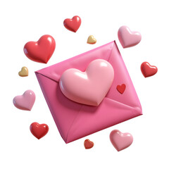 A pink envelope with a heart in it surrounded by hearts.