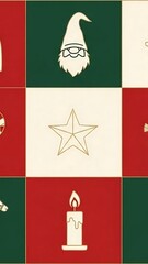 Festive Christmas mosaic pattern with gnome, star, and candle.