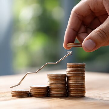 Stack of increasing coins and arrow symbolizing investment growth