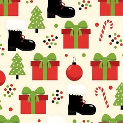 Festive Christmas Pattern with Gifts, Trees, and Boots.