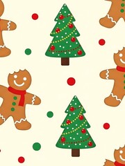 Festive Christmas Pattern with Gingerbread Men and Decorated Trees.