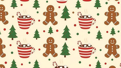 Festive Christmas Pattern with Gingerbread Men, Trees, and Hot Chocolate.