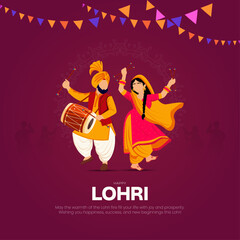 Happy Lohri Punjabi Folk Dance Festival Illustration Lohri Traditional Festival Poster with Punjabi dhol vector illustration.