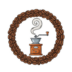Vintage coffee grinder emblem with aromatic steam rising, encircled by roasted coffee beans, representing the essence of freshly brewed coffee