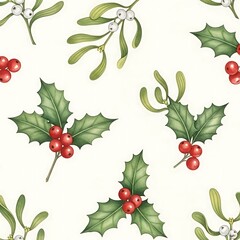 Festive Christmas Pattern with Holly and Mistletoe.