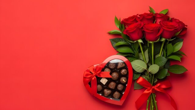 A romantic composition featuring a bouquet of red roses and a heart-shaped box of chocolates on a red backdrop, perfect for expressing love and affection
