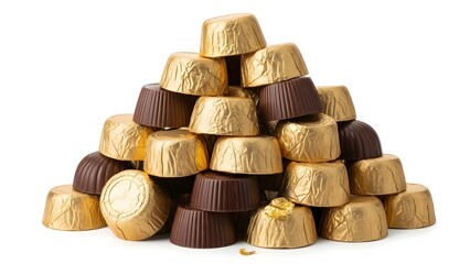 stack of assorted chocolates in shiny gold and brown wrappers forming pyramid on white background holiday sweets piled high delicious treats