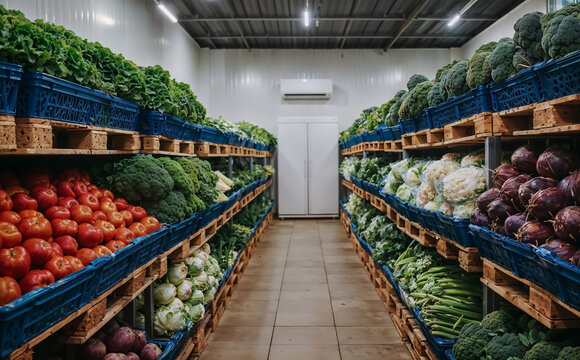 Fresh organic vegetables stored in refrigerated warehouse showcasing sustainable food supply chain cold storage and agricultural distribution system