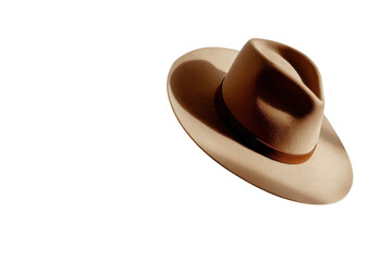 Wide brim hat placed at an angle casting a soft shadow on transparent background