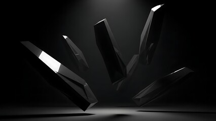Abstract dark geometric shards floating in a minimalist black environment with sharp highlights.