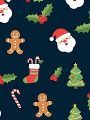 Festive Christmas Pattern with Santa, Gingerbread, and Decorations.