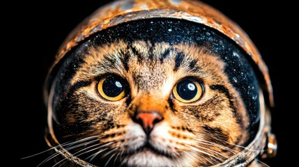 Feline astronaut looks out through space helmet on black background