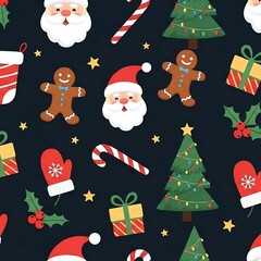 Festive Christmas Pattern with Santa, Gingerbread, and Gifts.