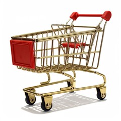 Miniature gold shopping cart with red accents, isolated on white