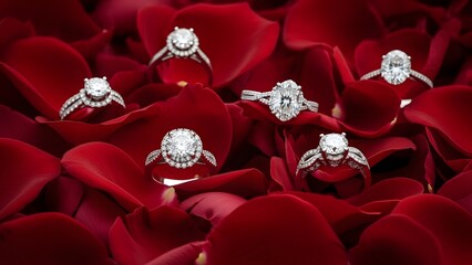 Elegant diamond rings displayed amidst vibrant red rose petals, exuding luxury and romance