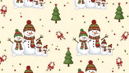 Festive Christmas Pattern with Snowmen, Trees, and Candy Canes.