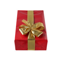 Red paper gift box with golden ribbon isolated on white background.  Birthday, Valentines tag or celebration