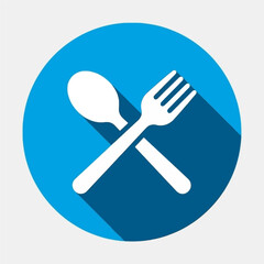 A white spoon and fork icon are crossed over each other on a blue circular background with a long shadow.