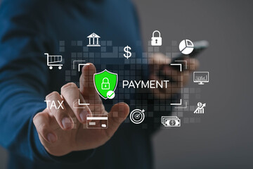 Business user interacting with secure digital payment interface, protected financial transactions, online banking, tax management, fintech system, data security, modern cashless payment technology.