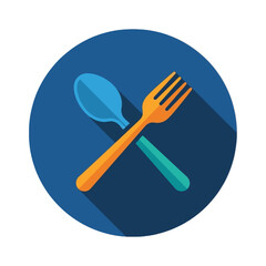 Stylized blue circle icon with crossed orange fork, blue spoon, and teal knife, representing dining or restaurant.