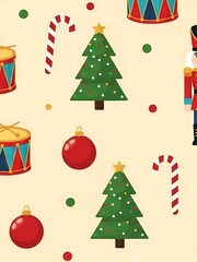 Festive Christmas Pattern with Trees, Ornaments, and Candy Canes.