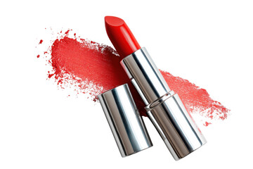 Tube of lipstick with cap off showing color on transparent background