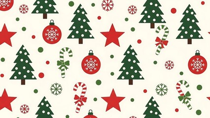 Festive Christmas Pattern with Trees, Ornaments, Stars, and Candy Canes.