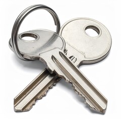 Close-up of two metal keys connected by a silver ring, on white