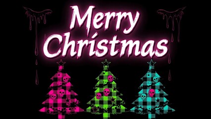 Festive Merry Christmas Neon Sign with Colorful Plaid Trees.