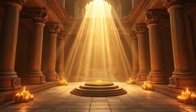 Grand hall with columns, stairs, and altar. Golden light beams stream through window, illuminating interior. Candles flicker on floor surrounding central platform.