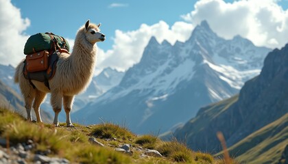 Obraz premium Llama carrying backpacks on a grassy mountain slope with snow-capped peaks in the background. The animal is looking to the side. Clear blue sky with white clouds above.