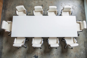 Top view of stylish office meeting room with concrete floor and long white conference table with chairs. Corporate discussion and decision making.