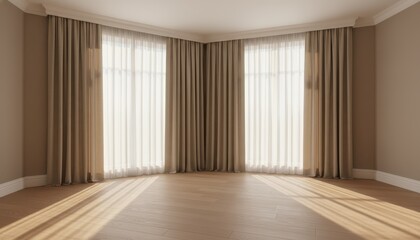 Obraz premium Elegant empty room corner with large bay windows, sheer and blackout curtains, wooden floor
